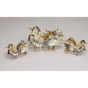 Vintage Signed MJ Brooch Pierced Earrings SET Phoenix Fire Bird Gold Silver Tone